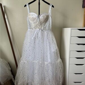 Ivory Sparkle Tulle Midi Dress with Sweetheart Bodice